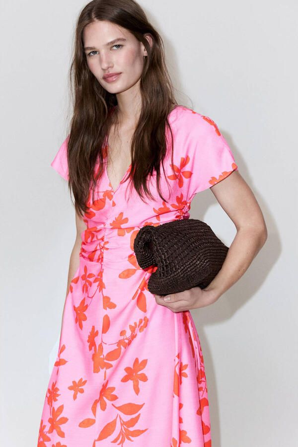 Mango viscose midi gebloemde jurk roze