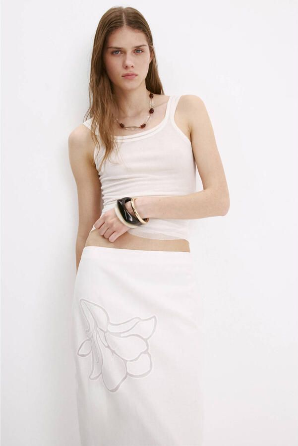 Mango viscose midi rok met linnen wit