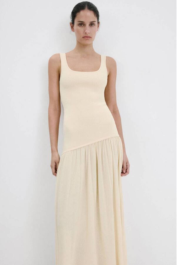 Mango viscose midi zomerjurk lichtgeel