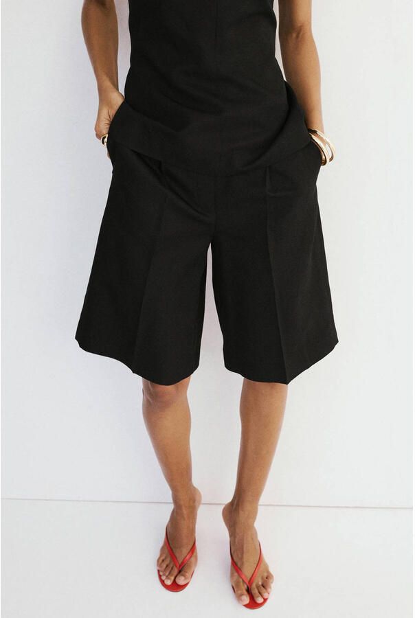 Mango viscose straight leg bermuda short met linnen zwart