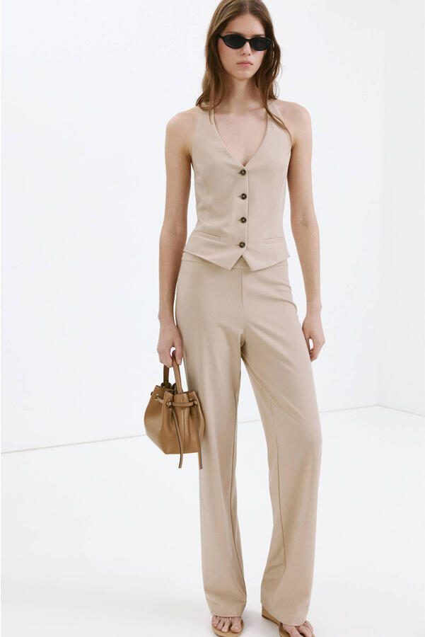 Mango viscose wide leg broek beige - Foto 3