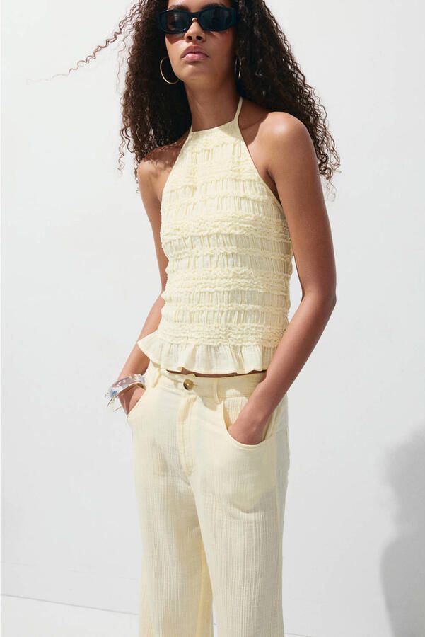 Mango wide leg broek lichtgeel - Foto 2