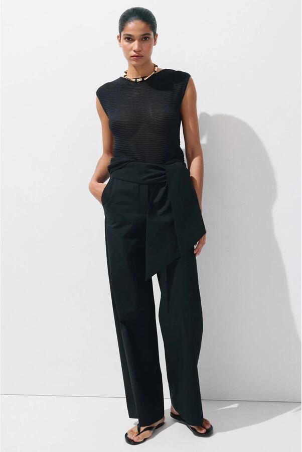 Mango wide leg broek met ceintuur zwart - Foto 3