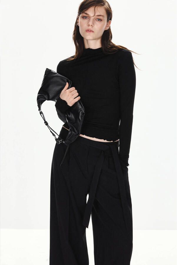Mango wide leg broek met ceintuur zwart