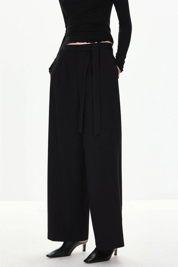 Mango wide leg broek met ceintuur zwart - Foto 3