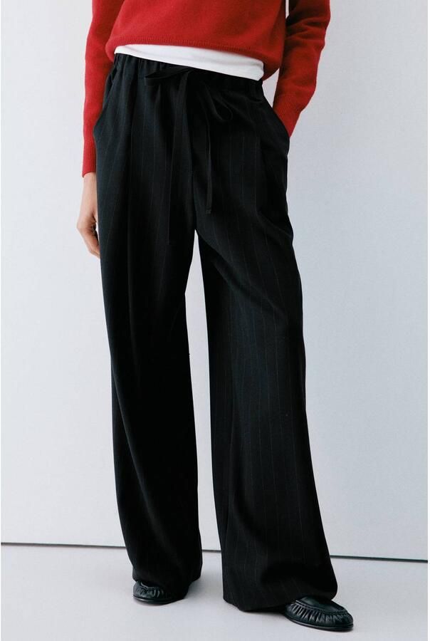 Mango wide leg broek met krijtstreep marineblauw