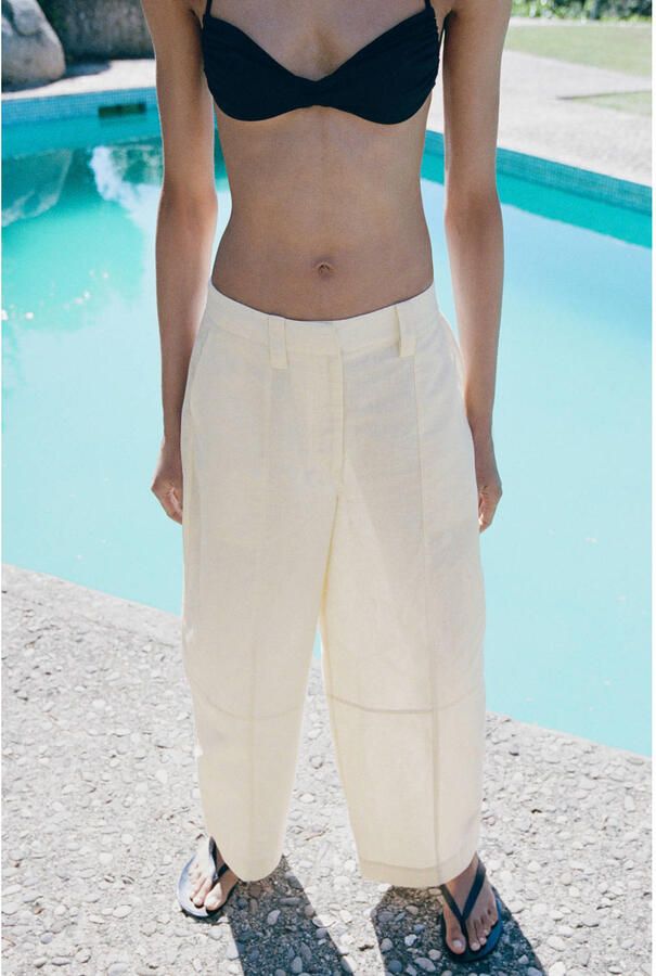 Mango wide leg broek met linnen beige
