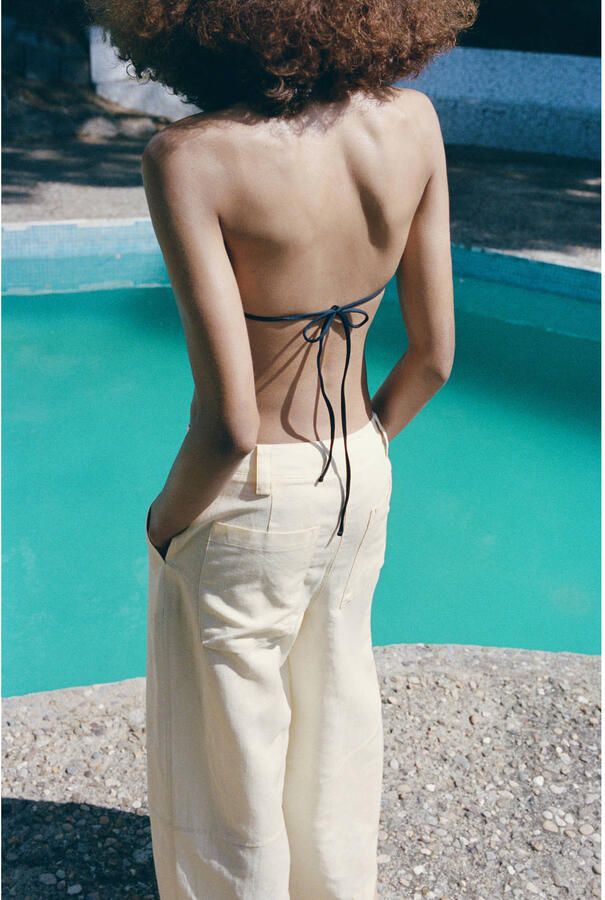 Mango wide leg broek met linnen beige - Foto 3