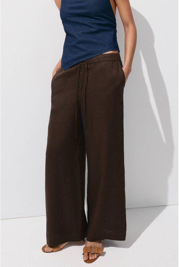 Mango wide leg broek met linnen donkerbruin