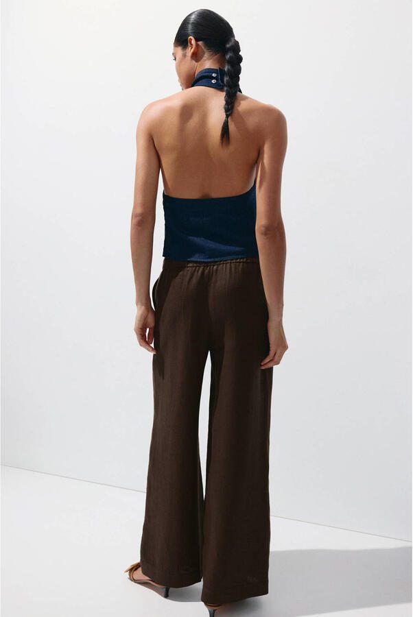 Mango wide leg broek met linnen donkerbruin - Foto 3