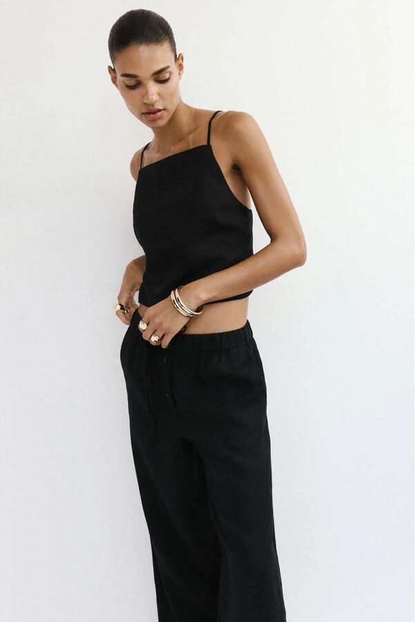 Mango wide leg broek met linnen zwart - Foto 3