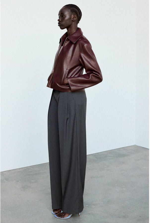 Mango wide leg broek met plooien grijs - Foto 3