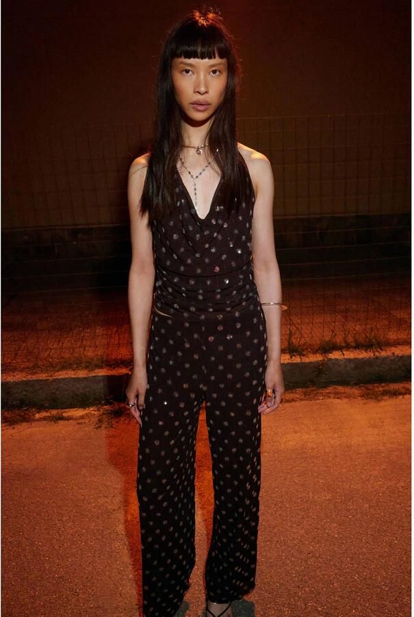 Mango wide leg broek met stippen en pailletten donkerbruin - Foto 2