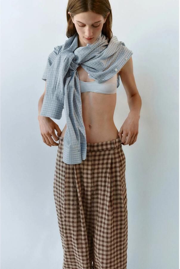 Mango wide leg geruite broek bruin