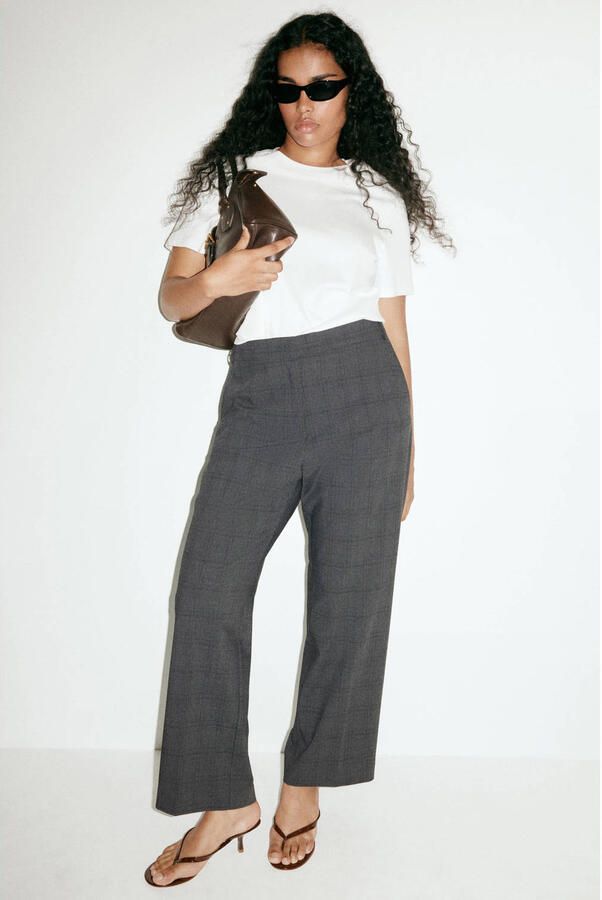 Mango wide leg geruite broek grijs - Foto 3