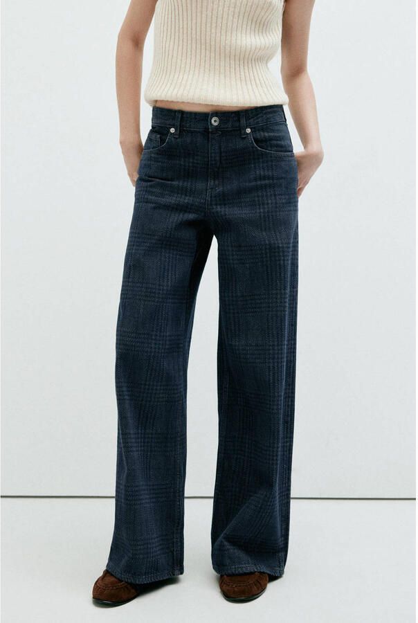 Mango wide leg geruite jeans donkerblauw
