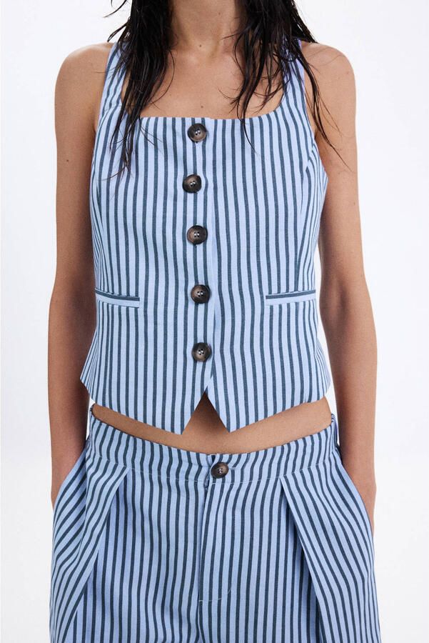Mango wide leg gestreepte broek met linnen blauw