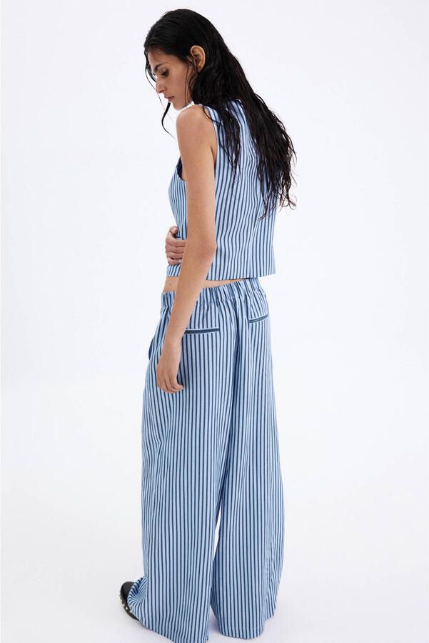 Mango wide leg gestreepte broek met linnen blauw