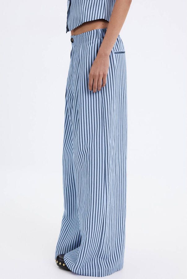Mango wide leg gestreepte broek met linnen blauw - Foto 2