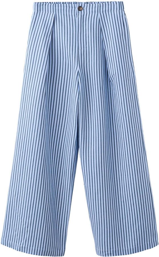 Mango wide leg gestreepte broek met linnen blauw - Foto 3