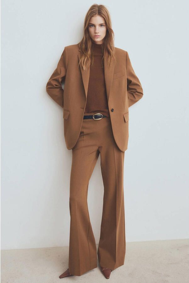 Mango wide leg high waist broek bruin - Foto 3