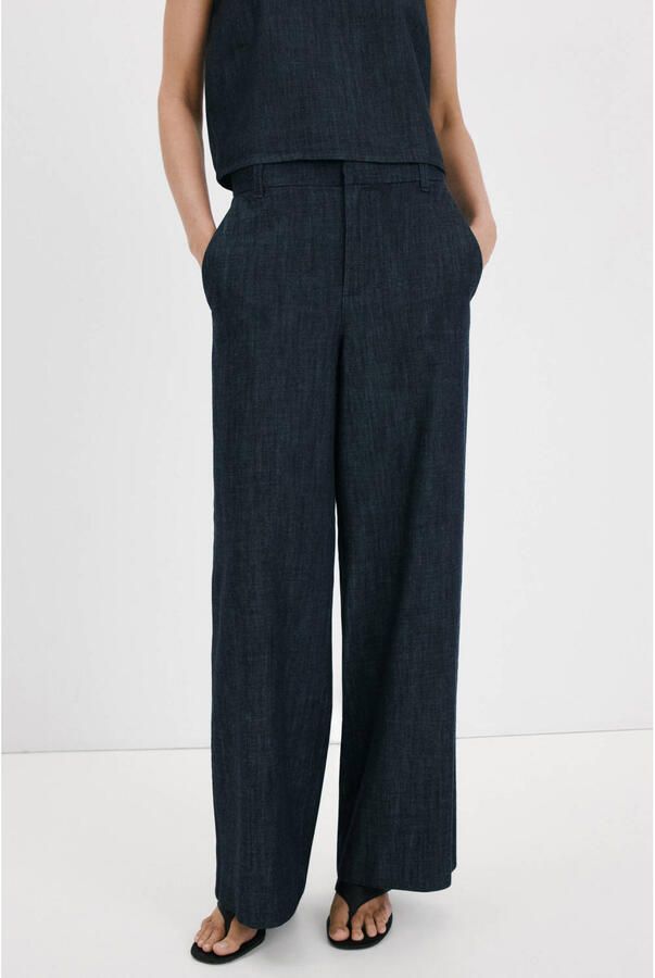 Mango wide leg high waist broek donkerblauw