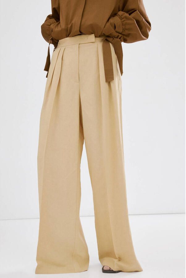 Mango wide leg high waist broek geel