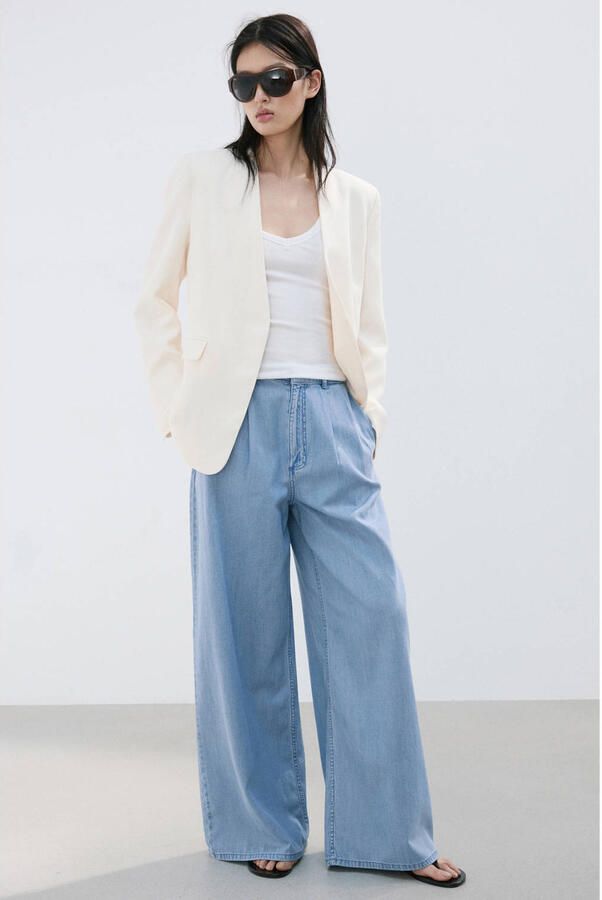 Mango wide leg high waist broek lichtblauw - Foto 2