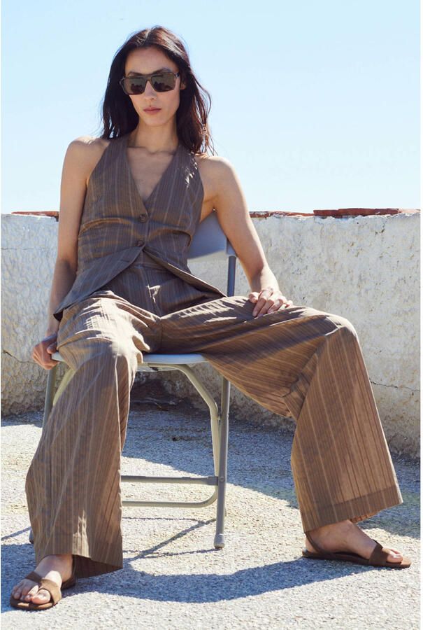 Mango wide leg high waist broek met krijtstreep bruin - Foto 3