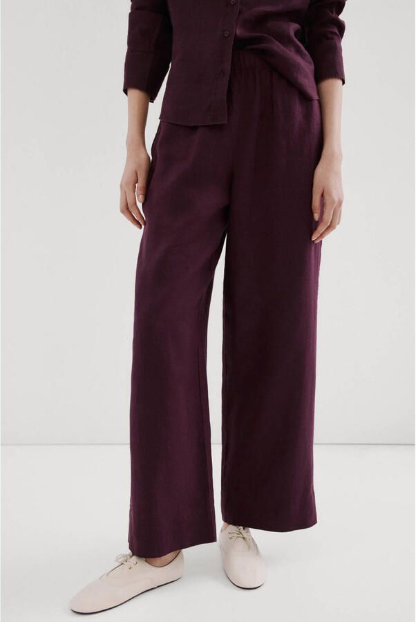 Mango wide leg high waist broek met linnen donkerpaars