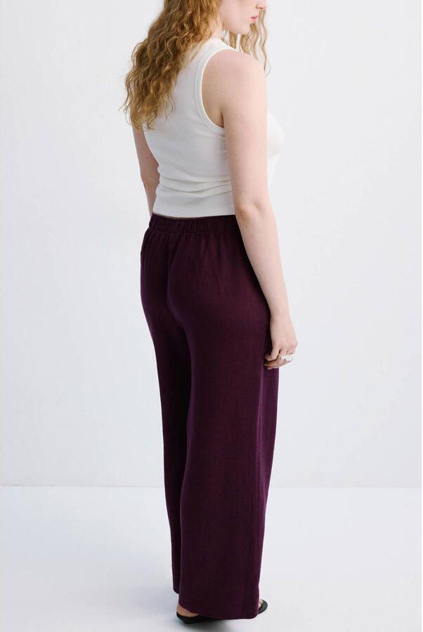 Mango wide leg high waist broek met linnen donkerpaars - Foto 3