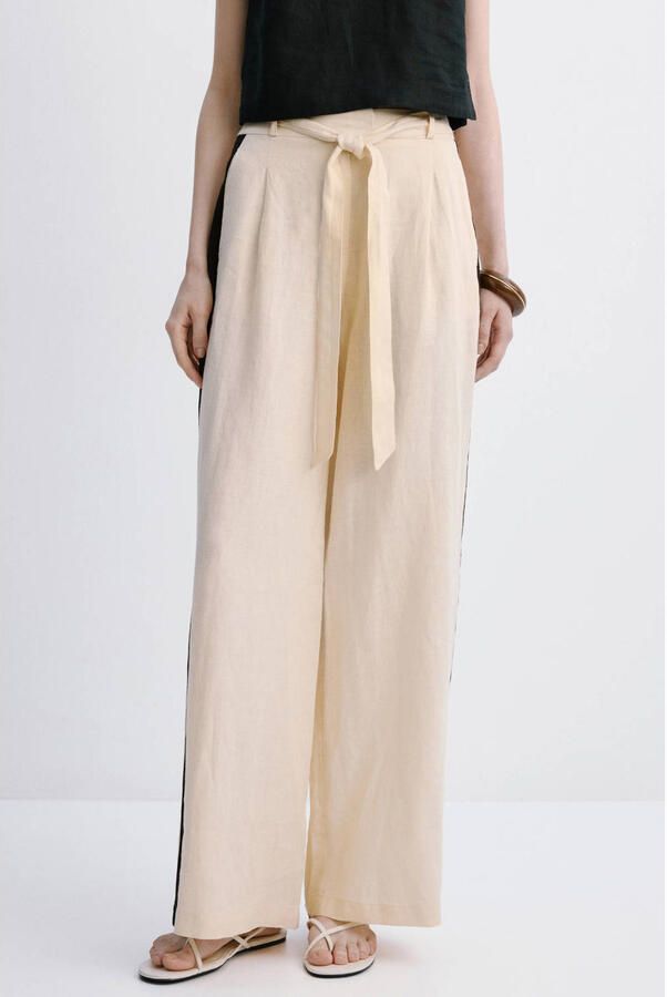 Mango wide leg high waist broek met linnen ecru - Foto 3
