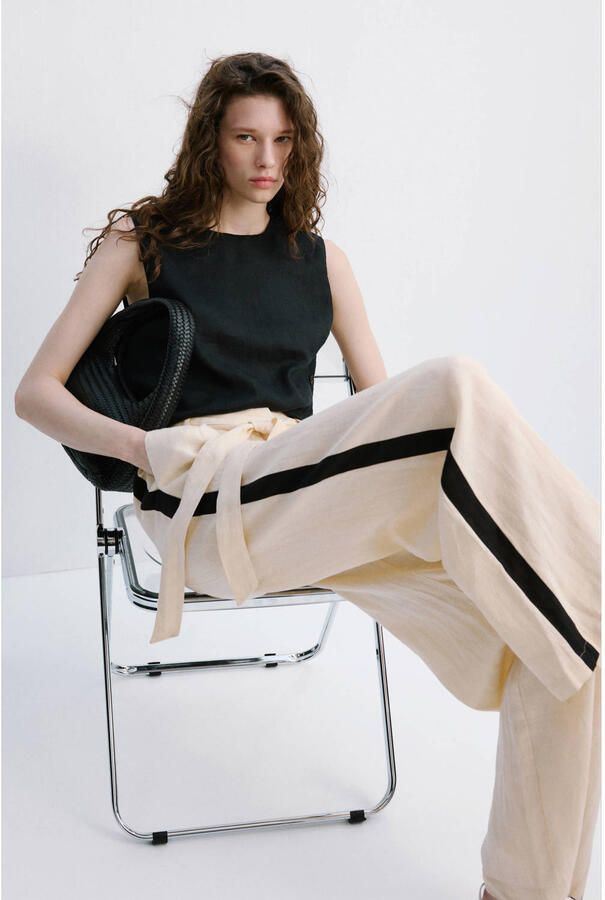 Mango wide leg high waist broek met linnen ecru