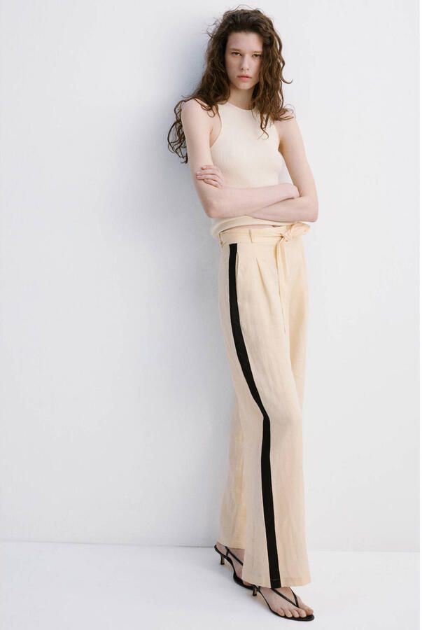 Mango wide leg high waist broek met linnen ecru - Foto 2