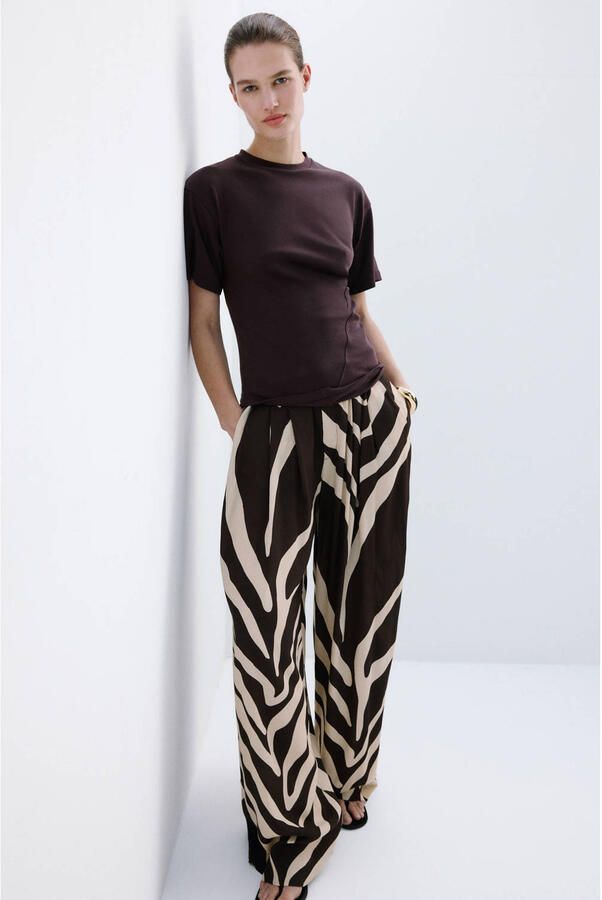 Mango wide leg high waist casual broek met zebraprint bruin