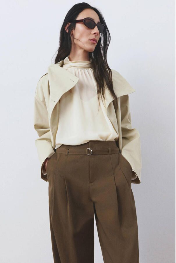 Mango wide leg high waist palazzo broek kaki - Foto 3