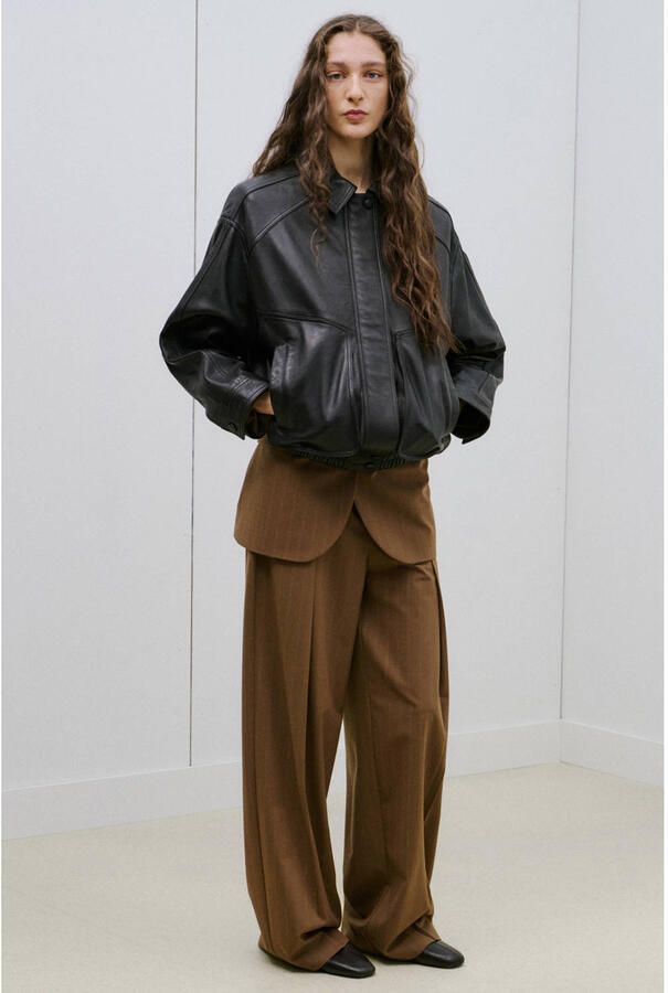 Mango wide leg high waist pantalon met krijtstreep bruin