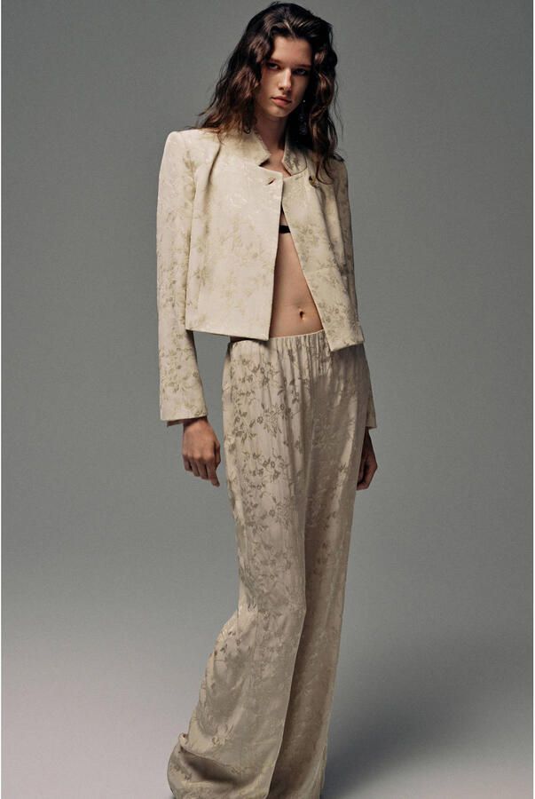 Mango wide leg jacquard broek beige