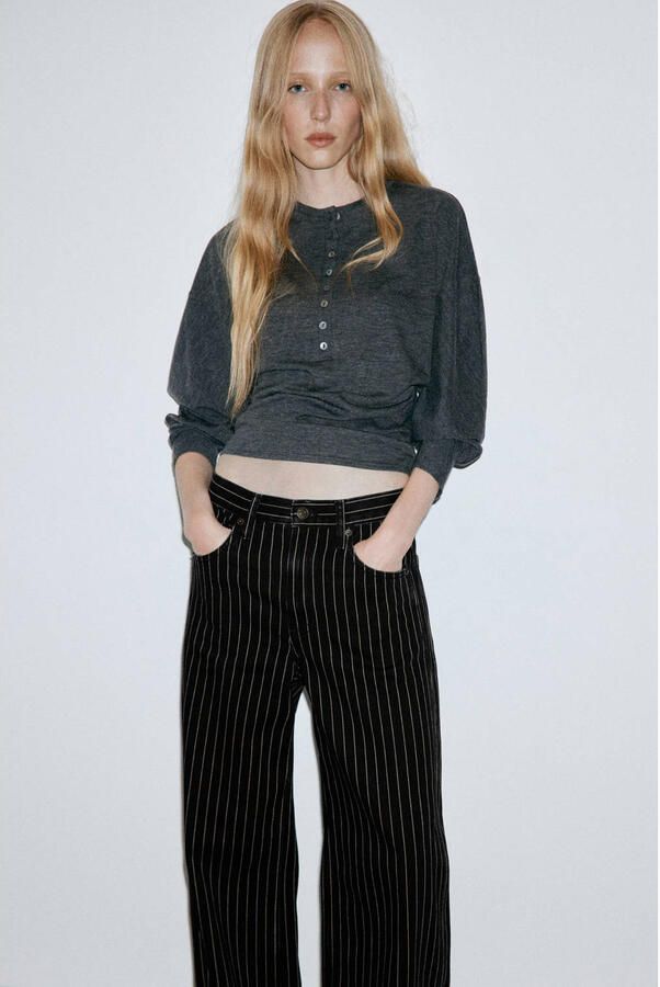 Mango wide leg jeans met krijtstreep zwart ecru