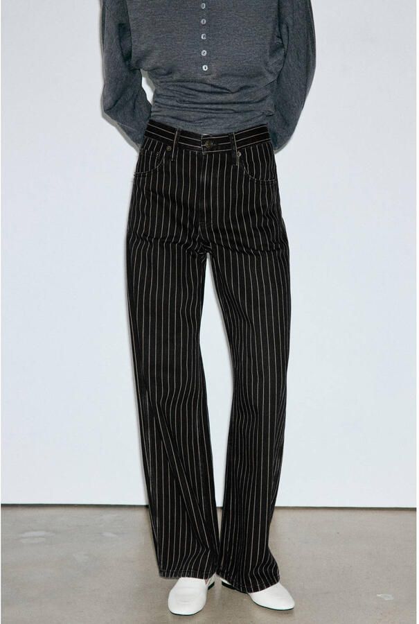 Mango wide leg jeans met krijtstreep zwart ecru - Foto 2