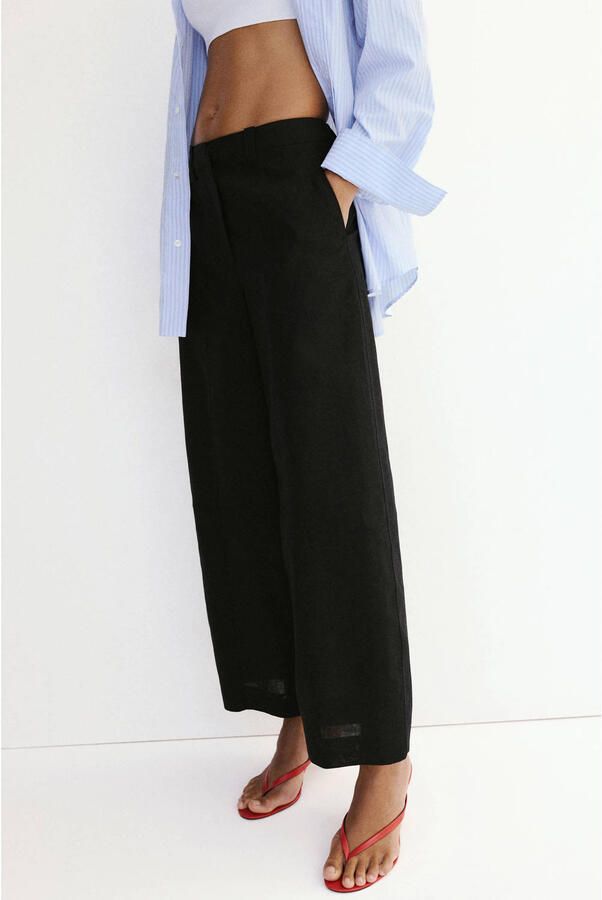 Mango wide leg regular waist broek met linnen zwart