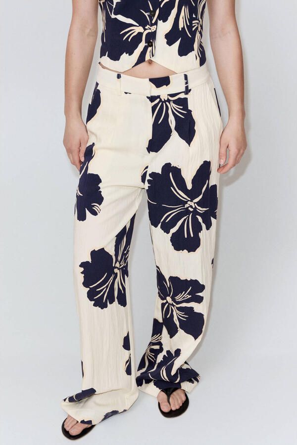 Mango wide leg regular waist gebloemde broek ecru