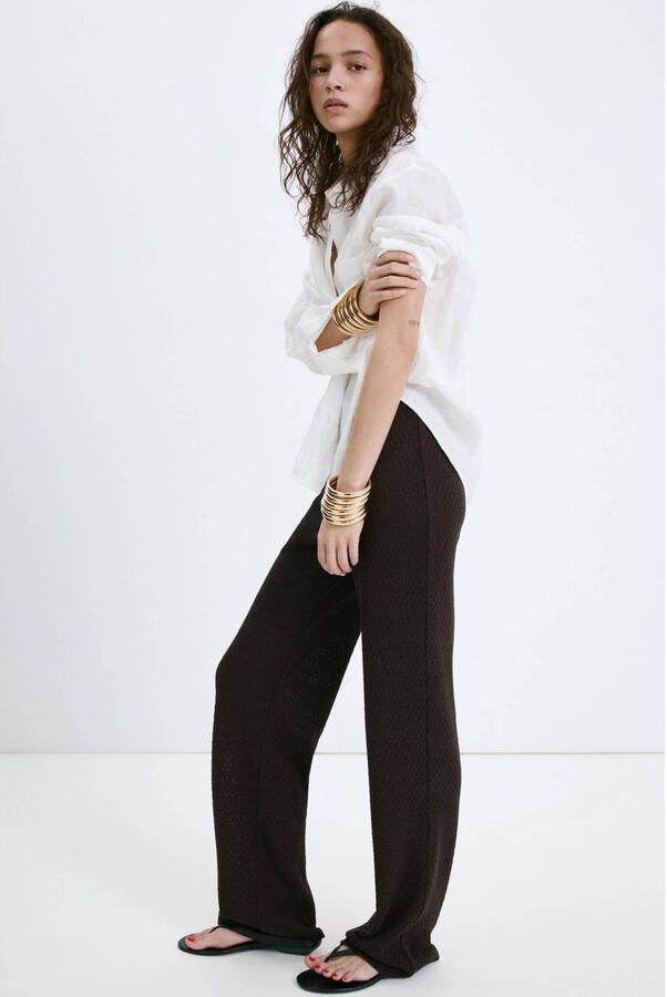 Mango wide leg regular waist broek bruin - Foto 3