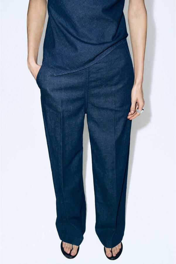 Mango wide leg regular waist broek dark blue denim