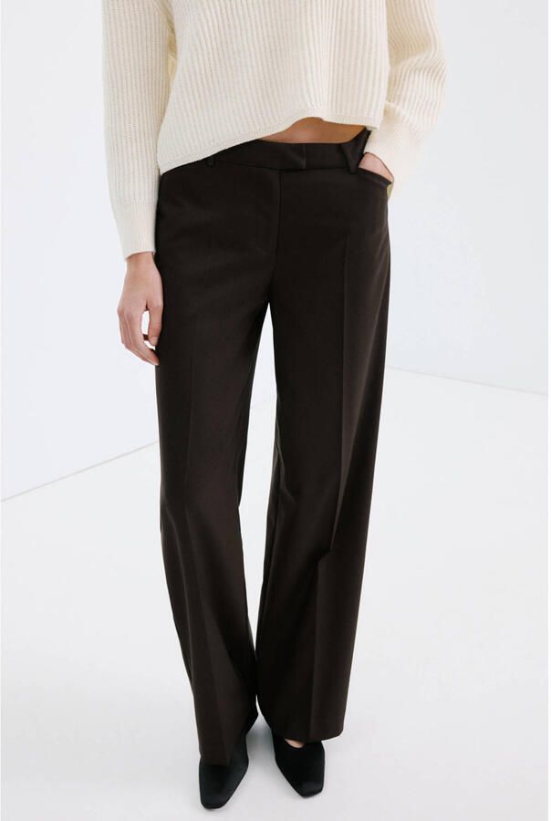 Mango wide leg regular waist broek donkerbruin