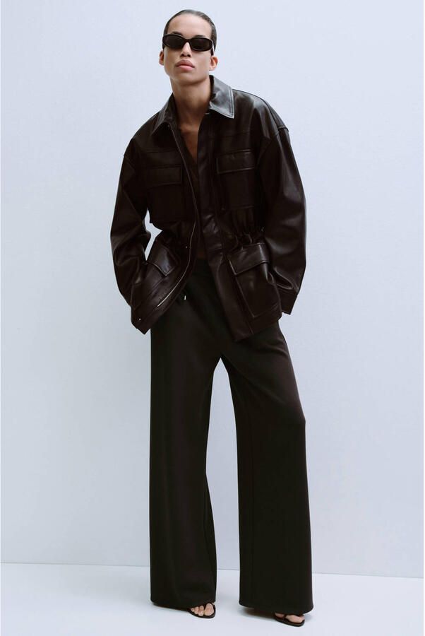 Mango wide leg regular waist broek donkerbruin