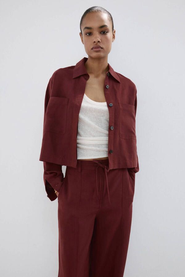 Mango wide leg regular waist broek donkerrood - Foto 3