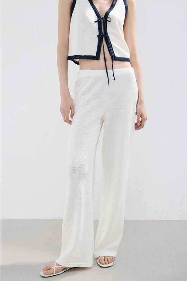Mango wide leg regular waist broek gebreid beige