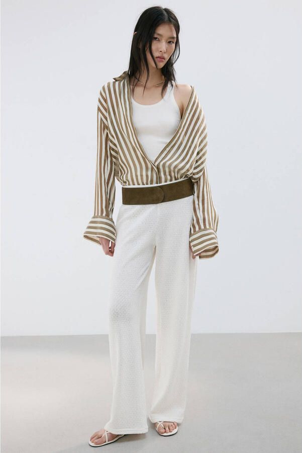 Mango wide leg regular waist broek gebreid beige - Foto 2