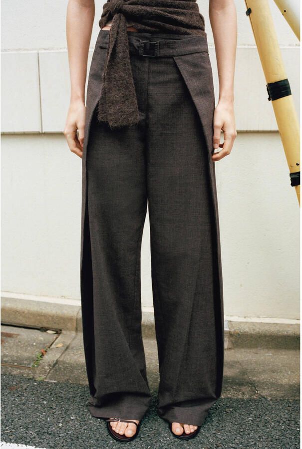 Mango wide leg regular waist broek grijsbruin